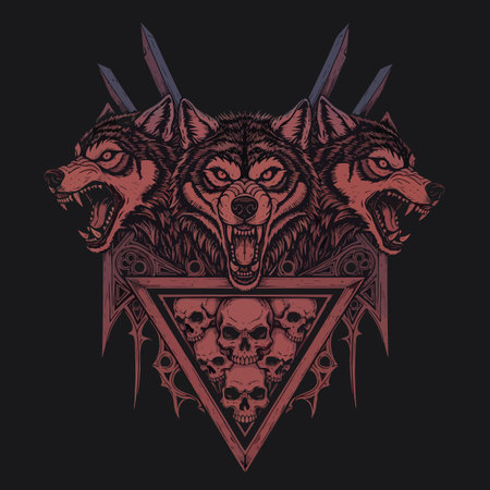 Dramatic double headed? No, three headed wolf emblem with skull inside triangle design as main...