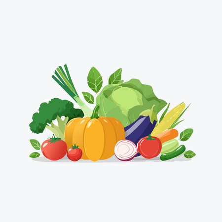 A vibrant pile of assorted vegetables including pumpkin cabbage tomato onion carrot pepper and greensのイラスト素材