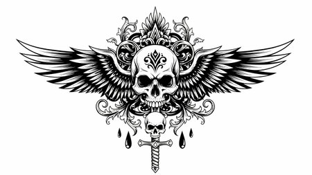 Detailed skull with expansive wings and ornate embellishments for a dramatic graphic tattoo styleのイラスト素材