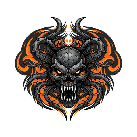 A menacing skull with twisted horns, sharp teeth, and fiery accents, creating a dark and intense visual.のイラスト素材