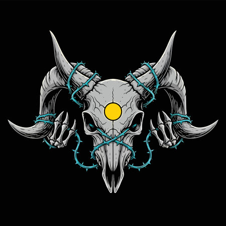 Detailed illustration of a ram skull adorned with barbed wire and skeletal hands, set against a dark background.のイラスト素材