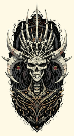 Detailed illustration of a skull adorned with a bone crown and large horns, set against a textured backdrop, evoking a dark and mystical atmosphere.のイラスト素材