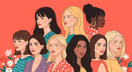 Illustration of nine diverse women with different skin tones, hairstyles, and clothing, arranged...