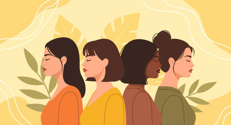 Four women of different ethnicities stand in profile with their eyes closed, wearing orange, yellow, brown, and green shirts.のイラスト素材