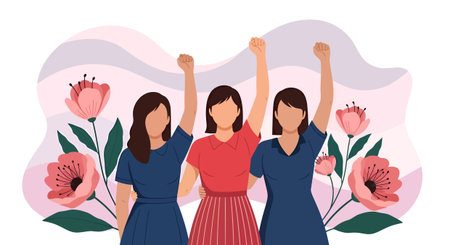 Three women with raised fists stand together, wearing dresses in red and blue, surrounded by pink flowers and green leaves in a flat vector style.のイラスト素材