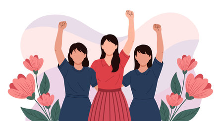Illustration of three women with raised fists, symbolizing strength and unity, surrounded by stylized pink flowers and green leaves.のイラスト素材