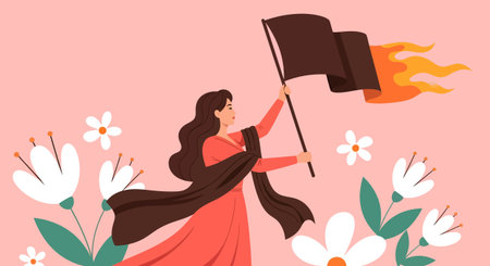 Woman in a red dress and brown shawl holds a black flag with orange flames, surrounded by white flowers with green leaves.のイラスト素材