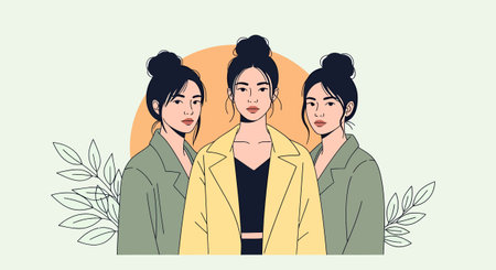 Illustration of three women with topknot hairstyles wearing blazers. The central figure wears a...