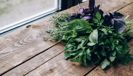 Bundles of fresh herbs rest on a weathered wooden table beside a sunlit window showing leafy textures and vibrant greens with hints of purple stems
