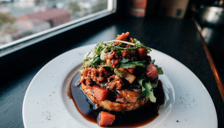 Close up of a plated meat dish with glaze and fresh herbs presented on a white plate by a window with natural light