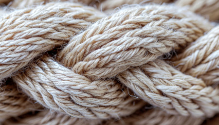 Detailed view of a braided rope, highlighting its intricate pattern and the natural fibers used in its construction. The image emphasizes texture and strength.