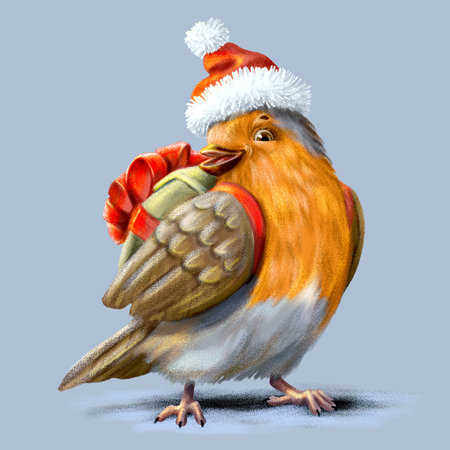 Hand drawn illustration with Robin Bird with Gift. Bird in the red Santa Hat. Birdie bringing the Christmas Gift. Christmas card with children illustrationの写真素材