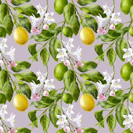 Lemon tree branches. Lemon fruits and flowers on the branch. Foliage and blossom on the garden tree. Summer harvest. Yellow sour fruits. Hand drawn seamless patternの写真素材