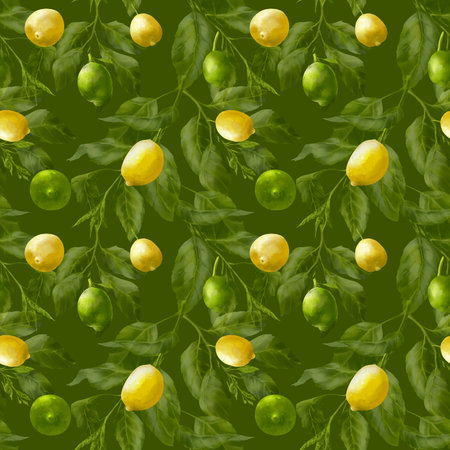 Lemon tree branches. Lemon fruits and flowers on the branch. Foliage and lemons on the garden tree. Summer harvest. Yellow and green sour fruits. Hand drawn seamless patternの写真素材