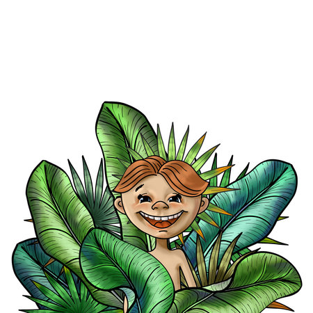 Cartoon Boy in the Jungle. Boy sitting in the lush Foliage of tropical greenery. Hand painted Summer picture with smiling little Childの写真素材