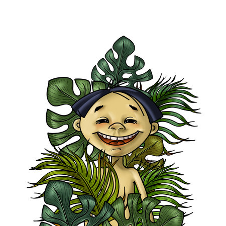 Cartoon Boy in the Jungle. Boy sitting in the lush Foliage of tropical greenery. Hand painted Summer picture with smiling little Childの写真素材