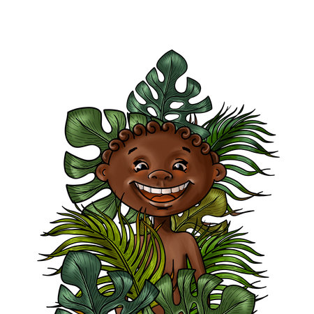 Cartoon Boy in the Jungle. Boy sitting in the lush Foliage of tropical greenery. Hand painted Summer picture with smiling little Childの写真素材
