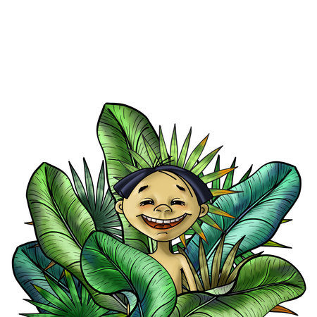 Cartoon Boy in the Jungle. Boy sitting in the lush Foliage of tropical greenery. Hand painted Summer picture with smiling little Childの写真素材