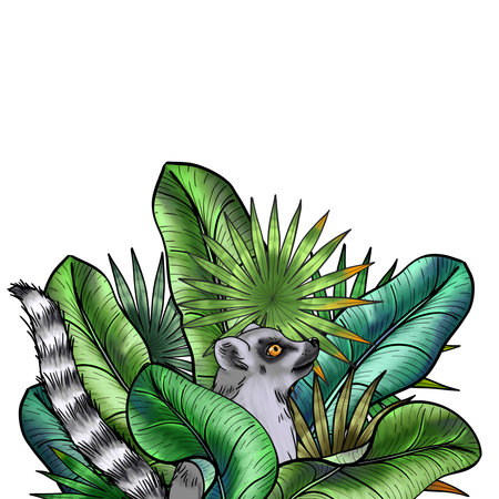 Cartoon Lemur in the Jungle. Gray ring-tailed lemur sitting in the lush Foliage of tropical greenery. Hand painted Summer picture with Madagascar mammalの写真素材