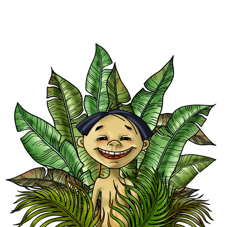 Cartoon Boy in the Jungle. Boy sitting in the lush Foliage of tropical greenery. Hand painted Summer picture with smiling little Childの写真素材