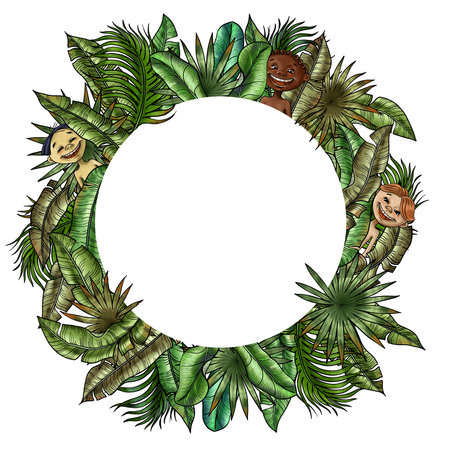 Cartoon boys in the Jungle. Three happy children sitting in the lush Foliage of tropical greenery. Hand painted Summer picture with smiling boysの写真素材