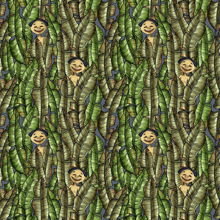 Hand drawn seamless pattern with lush tropical greenery and little Boy sitting in it. Wrapping paper with green tropical leaves and children peeking out of the undergrowthの写真素材