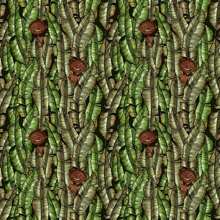 Hand drawn seamless pattern with lush tropical greenery and little Boy sitting in it. Wrapping paper with green tropical leaves and children peeking out of the undergrowthの写真素材