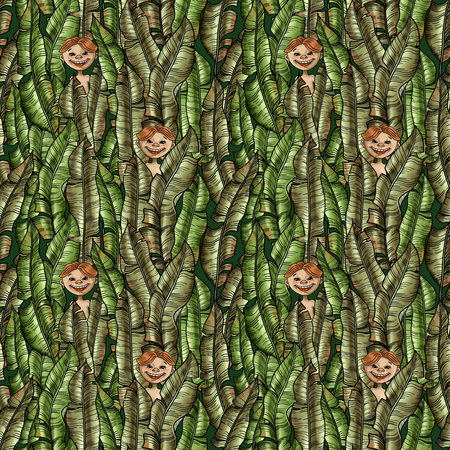 Hand drawn seamless pattern with lush tropical greenery and children peeking out of the undergrowthの写真素材