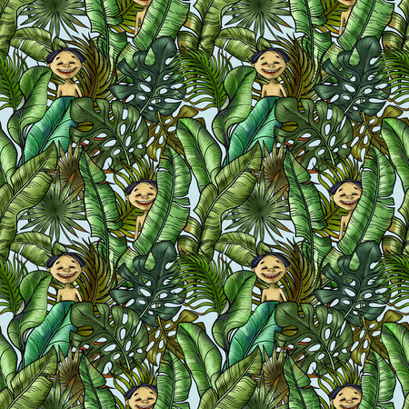 Hand drawn seamless pattern with lush tropical greenery and little Boy sitting in it. Wrapping paper with green tropical leaves and children peeking out of the undergrowthの写真素材