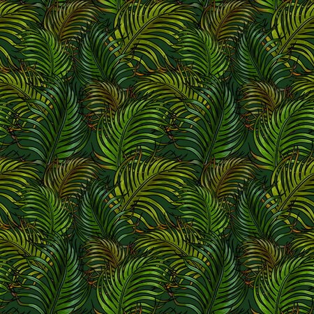 Hand drawn seamless pattern with lush tropical greenery for Textile or card and invitation. Wrapping paper, wallpaper with green tropical leaves. Rainforest looped backgroundの写真素材