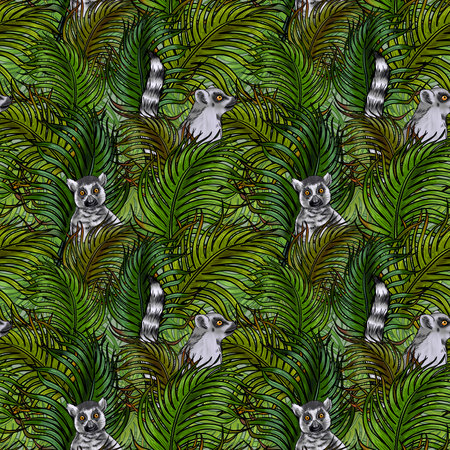 Hand drawn seamless pattern with lush tropical greenery and lemur sitting in it. Wrapping paper with green tropical leaves and Madagascar mammals peeking out of the undergrowthの写真素材