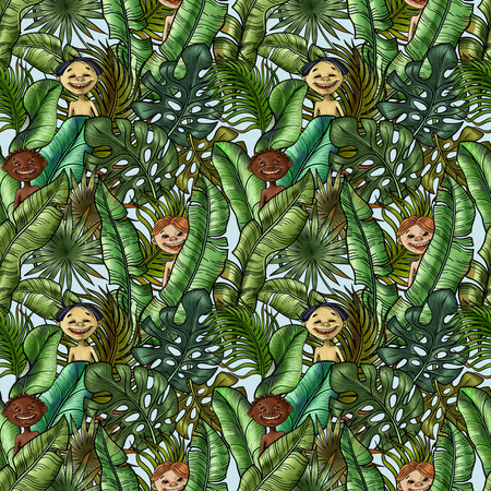 Hand drawn seamless pattern with lush tropical greenery and little Boy sitting in it. Wrapping paper with green tropical leaves and children peeking out of the undergrowthの写真素材