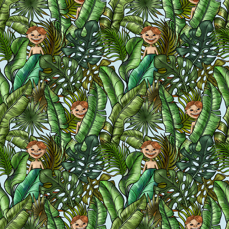 Hand drawn seamless pattern with lush tropical greenery and little Boy sitting in it. Wrapping paper with green tropical leaves and children peeking out of the undergrowthの写真素材