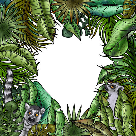 Cartoon Lemur in the Jungle. Gray ring-tailed lemur sitting in the lush Foliage of tropical greenery. Hand painted Summer picture with Madagascar mammalの写真素材
