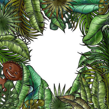 Cartoon Boy in the Jungle. Boy sitting in the lush Foliage of tropical greenery. Hand painted Summer picture with smiling little Childの写真素材