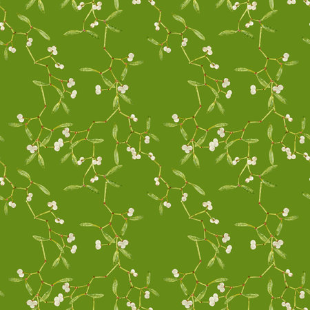 Watercolor Hand drawn Mistletoe branches. Green Branch with its white berries. Christmas decorated background with greeneryの写真素材