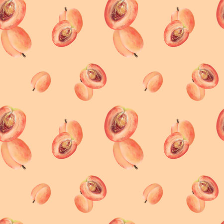 Hand drawn watercolor berries and fruits for home preservation. Garden friuts and harvest. Cherry, Raspberry, Strawberry, Blueberry, Lemon, Orange, Peach Seamless patternの写真素材