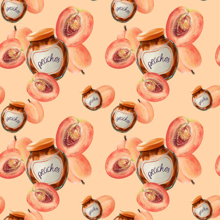 Watercolor clip art of hand-drawn glass jar of jam. Jar of sweet confiture. Hand-made conserves. Berries jam and fruits jam. Home preservation. illustration of homemade preparations. Seamless patternの写真素材