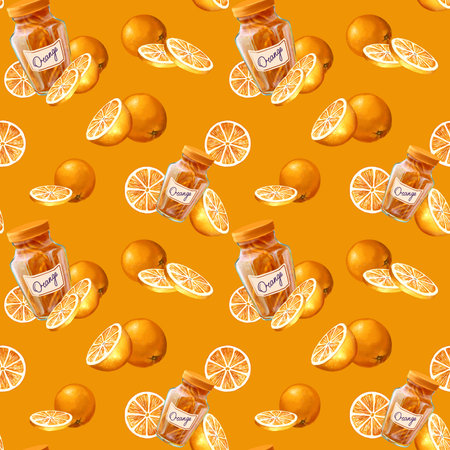 Watercolor clip art of hand-drawn glass jar of jam. Jar of sweet confiture. Hand-made conserves. Berries jam and fruits jam. Home preservation. illustration of homemade preparations. Seamless patternの写真素材