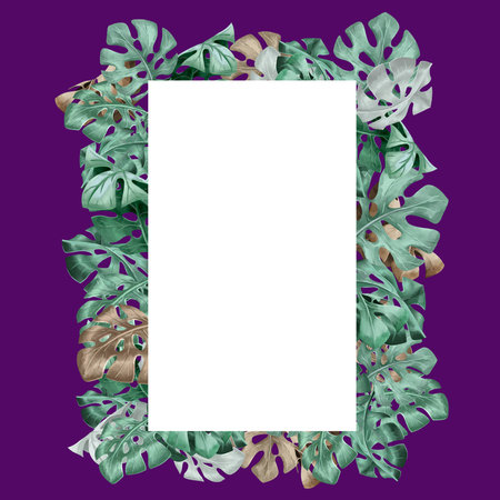 Monstera leaf and Bush with flowers and fruits. Green, blue and ocher colored leaves. Tropical bush. Blooming Monstera frame for cards or invitationsの写真素材