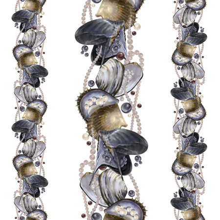 Watercolor hand drawn Oysters. Underwater treasures. Different colored shiny Balls for the necklaceの写真素材