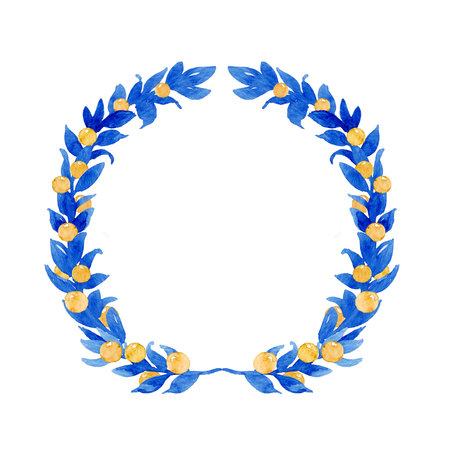 Watercolor drawing unpretentious twig of green leaves like laurel with berries, ribbon and bowの写真素材