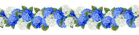 Aquarelle clipart of hydrangea. Inflorescence with leaves. Jointless Border for Cards, invitations,...