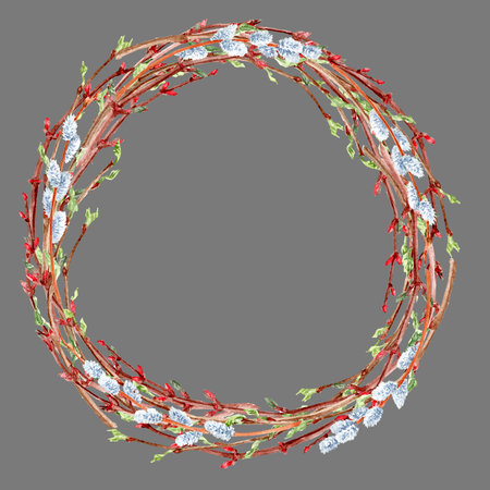 Watercolor wreath of spring sprouts and willow twigs. Hand drawn round design of frame with copy-spaceの写真素材
