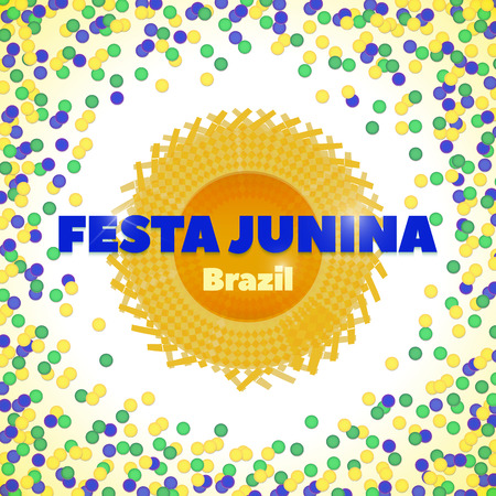 Vector background in Brazil flag concept, yellow, green, blue. Latin American holiday, the June party of Brazil, bright background with confettiand hat. Hat for June Festival, Festa Junina hatのイラスト素材