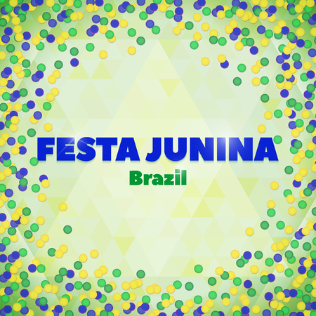 Vector background in Brazil flag concept, yellow, green, blue. Latin American holiday, the June party of Brazil, bright night background with confetti and lights, Festa Juninaのイラスト素材