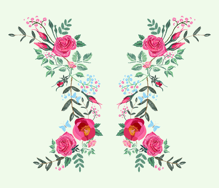 Vector embroidery design for dress. Red pink Roses and Peony. Floral pattern on black backgroundのイラスト素材