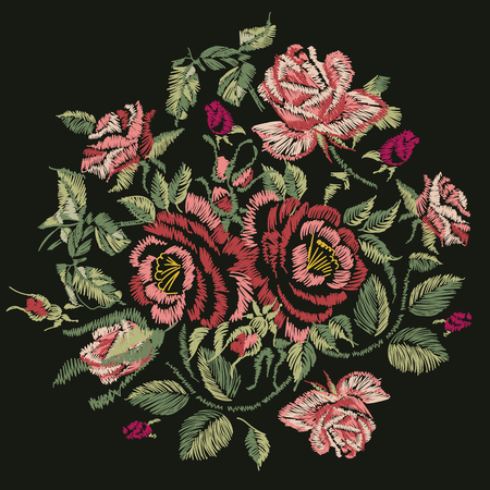 Embroidery design. Red pink roses.のイラスト素材