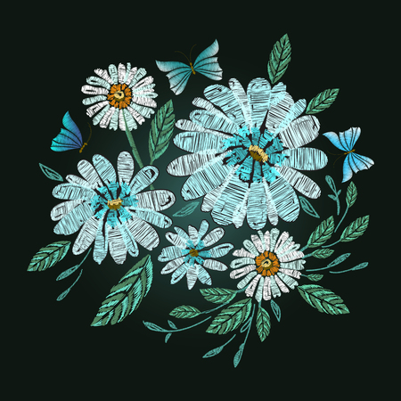 Vector embroidery design. Daisy, chamomile, butterflyのイラスト素材