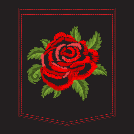 Red rose embroidery for clothing pocket. Floral Embroidered Pattern for Fabric on black background. Red Flowers. Vector illustrationのイラスト素材